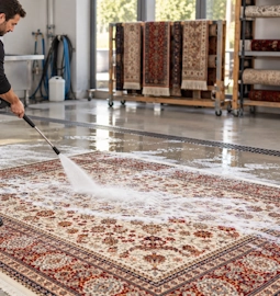 Teppichreinigung in Möchengladbach: Mit kontrolliertem Wasserdruck spülen wir gelöste Rückstände und Reinigungsmittel gründlich aus den Teppichfasern.